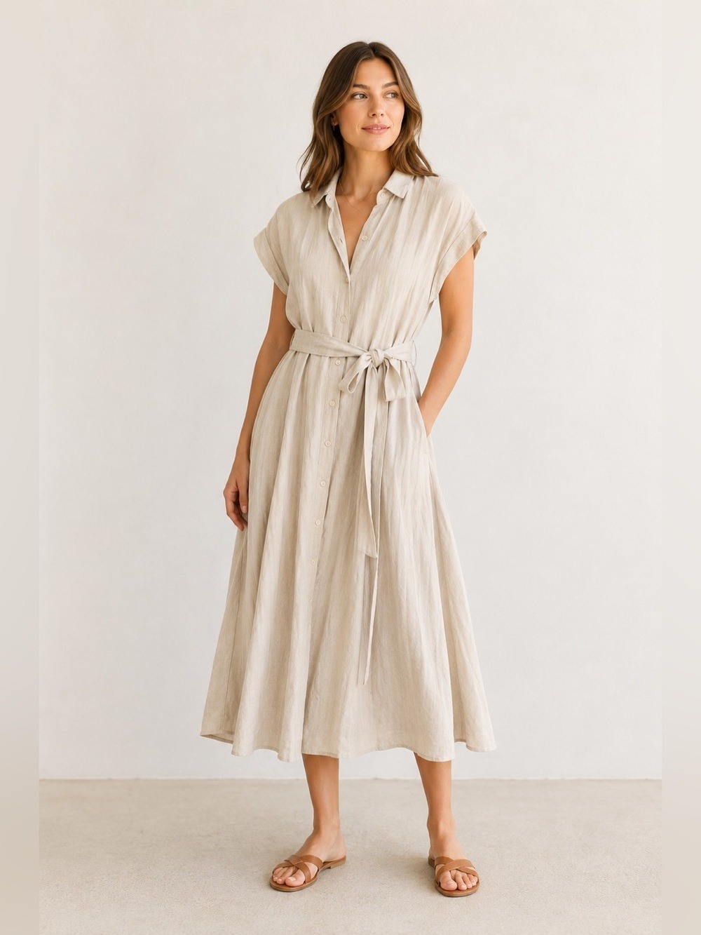 Jessie and Sky Linen Midi Shirt Dress in Beige Button Front Cap Sleeve Size XS